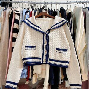 Preppy Cream Cardigan Navy Trim Cable Knit